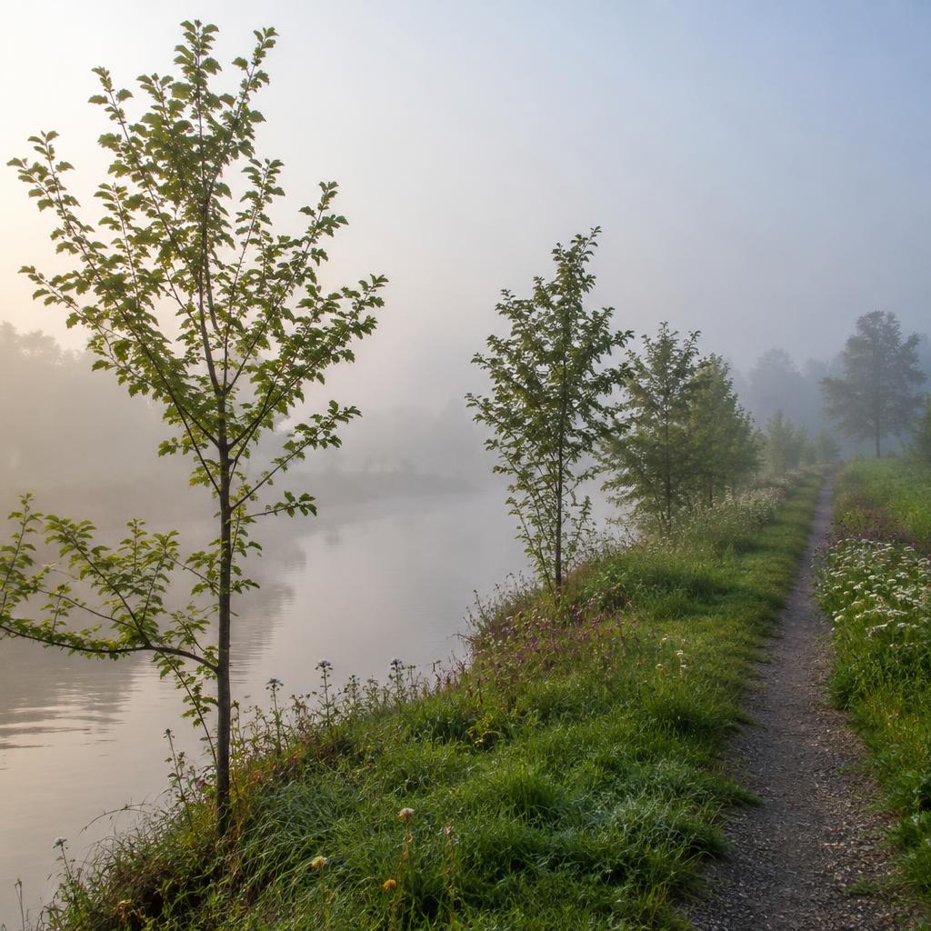 Sentiero fluviale nella nebbia